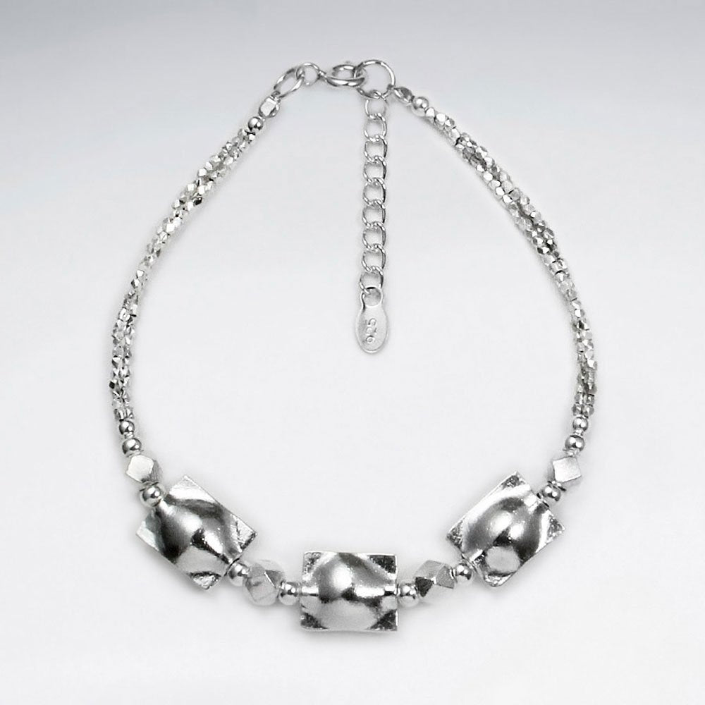 7" Thai Hand Made Silver Bracelet With Triple Puffy Square Charm