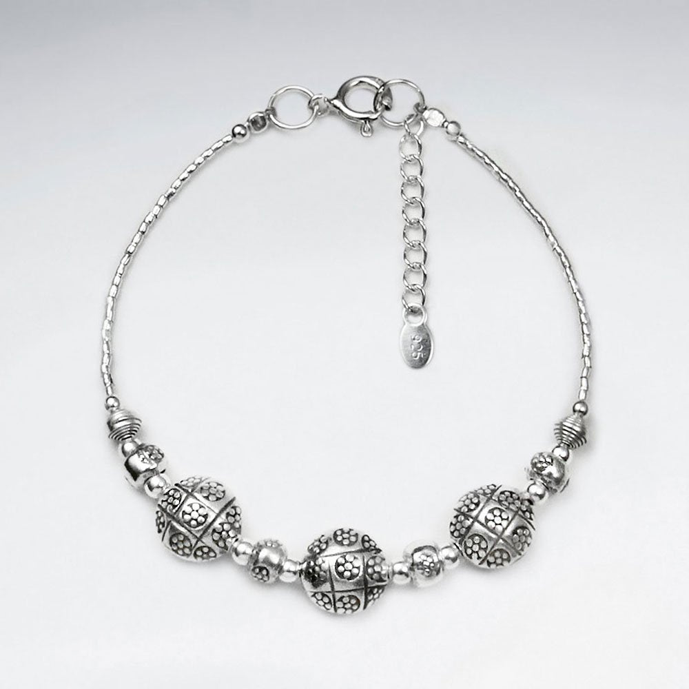 7" Thai Handmade Triple Charm Silver Adjustable Clasp Bracelet