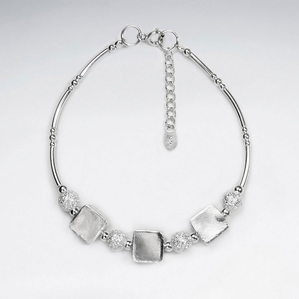 7" Thai Handmade Delicate Silver Adjustable Clasp Bracelet Featuring Pattern Round and Square Charms