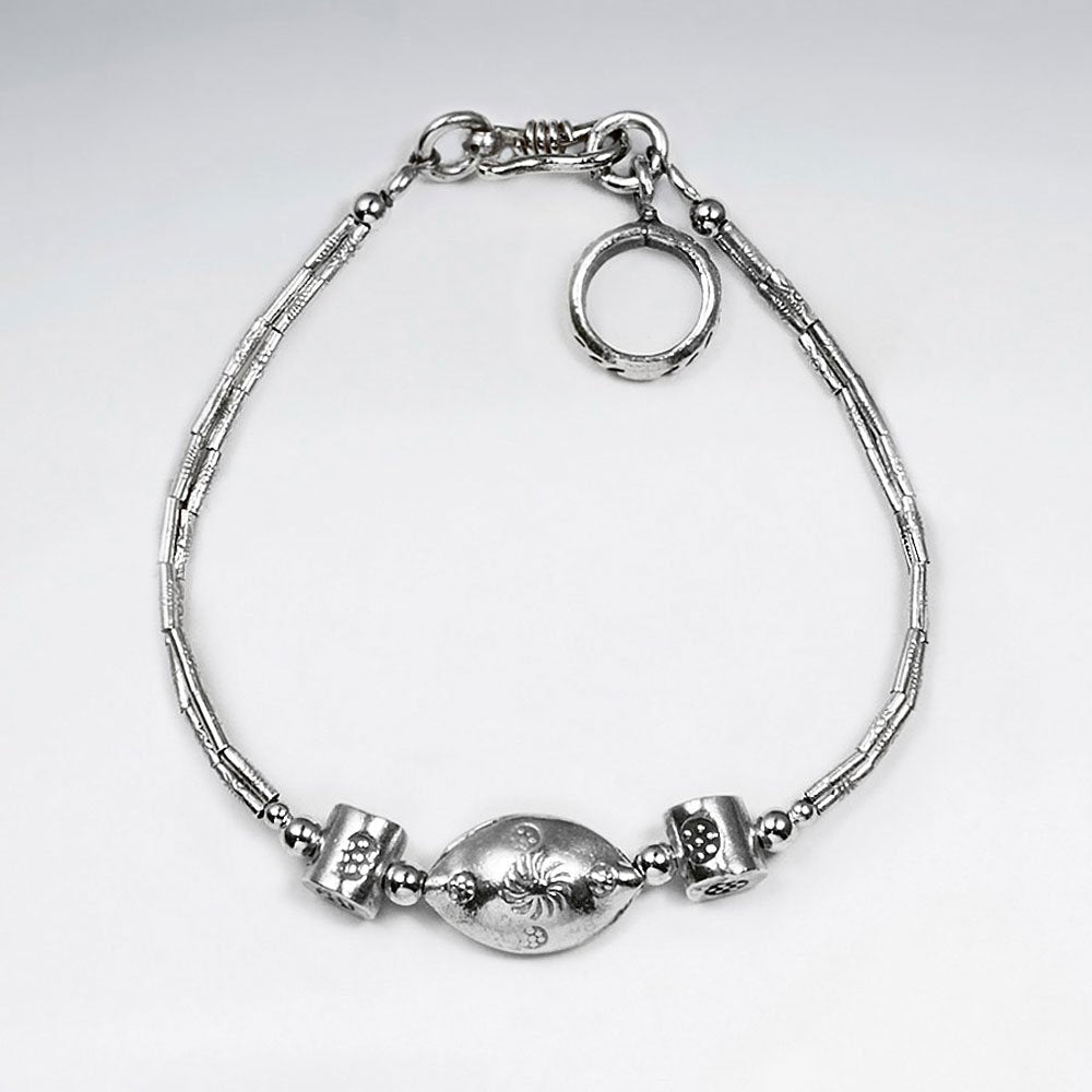 7" Thai Handcrafted Ornamented Silver Bracelet with Delicate Oval Charm and Accent Features