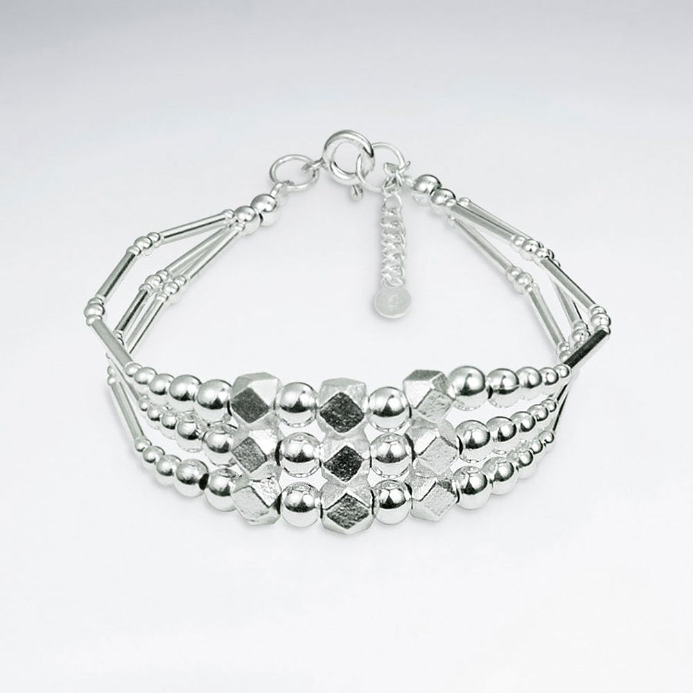 7" Triple Strands Thai Hand Made Silver Bracelet With Faceted Silver Beads