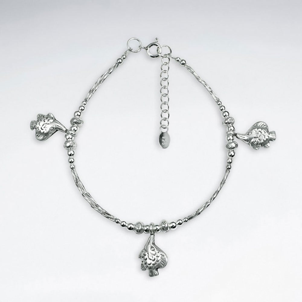 7" Antique Silver Bracelet With Silver Fish Charm