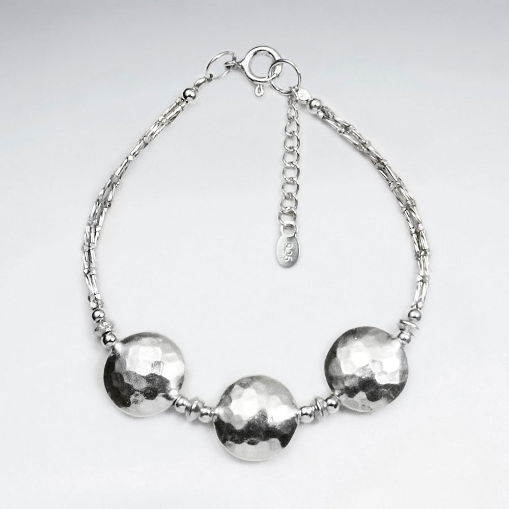 7" Silver Bracelet With Antique Round Hammered Silver Charm