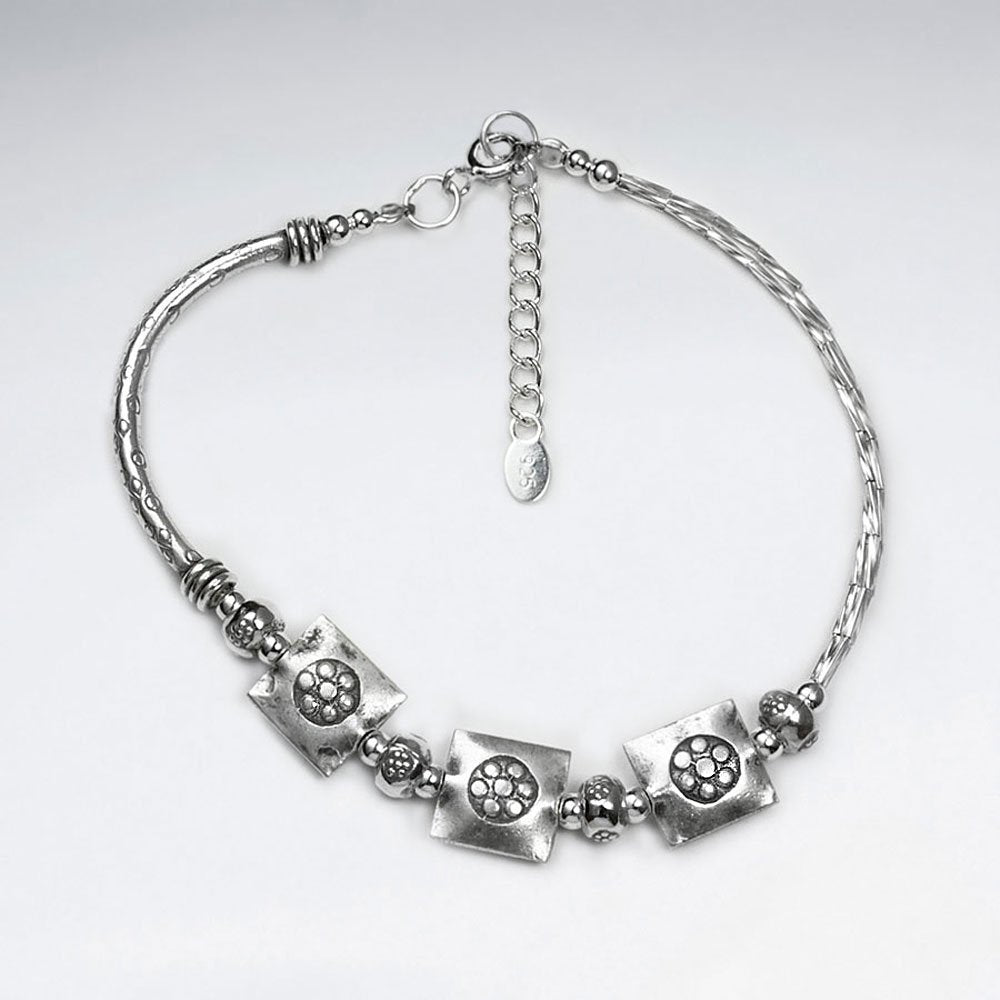 7" Silver Bracelet With Antique Round Square Silver Charm And Curve Tube