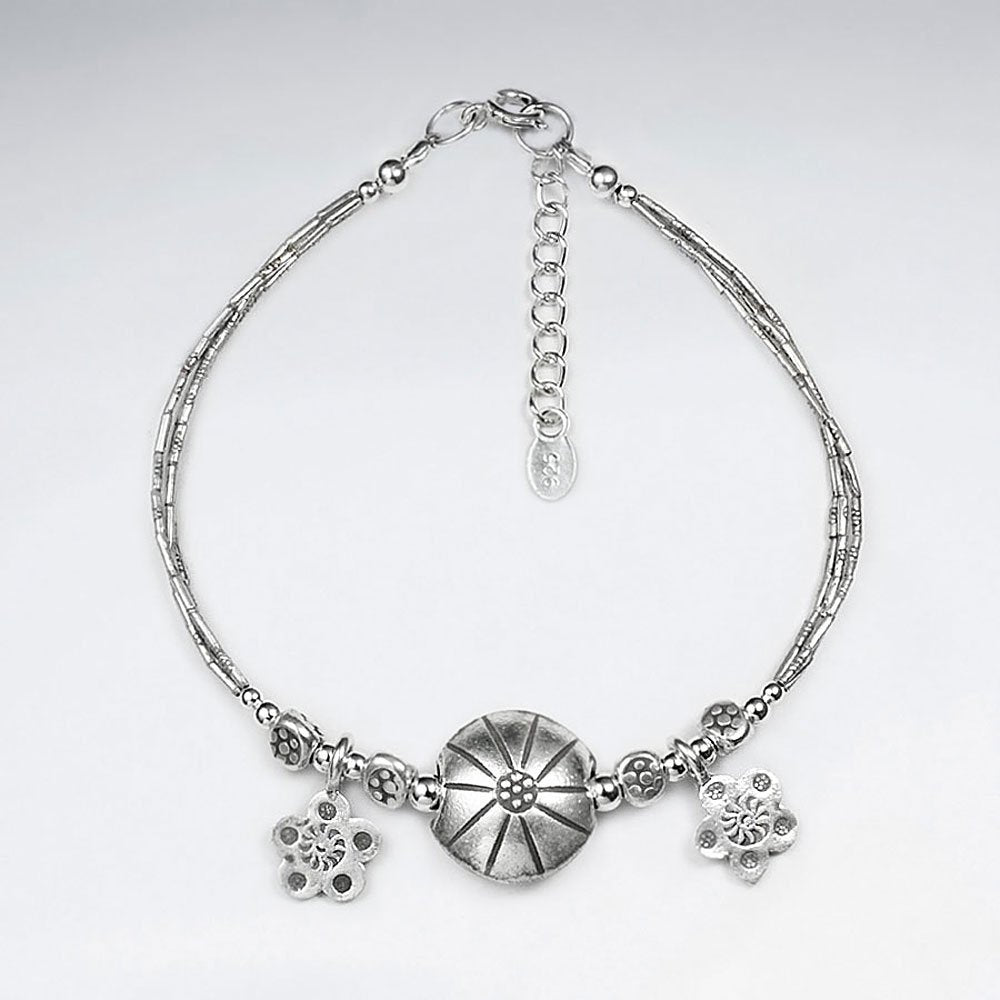 7" Thai Handmade Silver Chain with Circle Charm and Stunning Drop Pendants