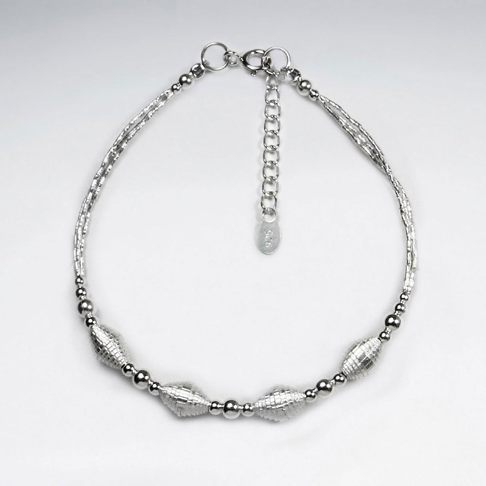7" Silver Bracelet With Four Antique Oval Silver Beads