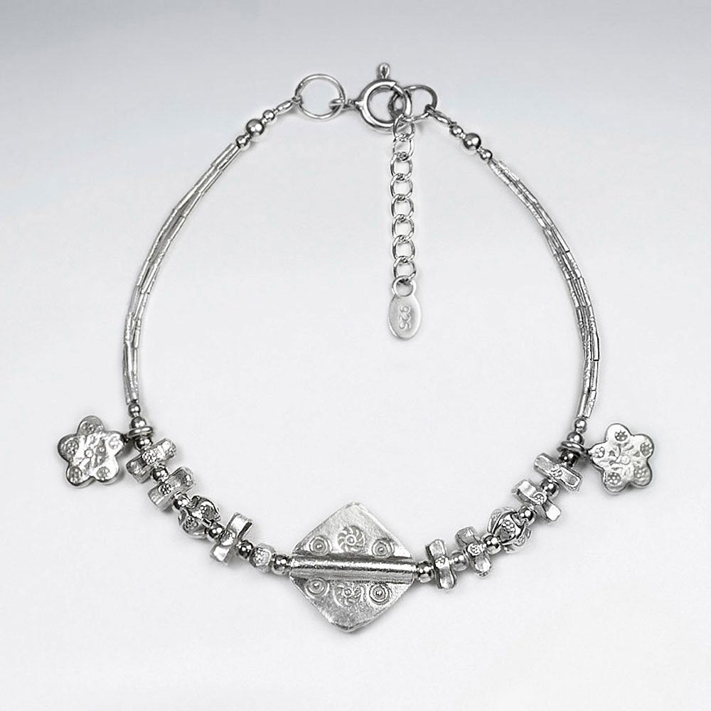 7" Silver Bracelet With Square And Antique Sakura Silver Charm