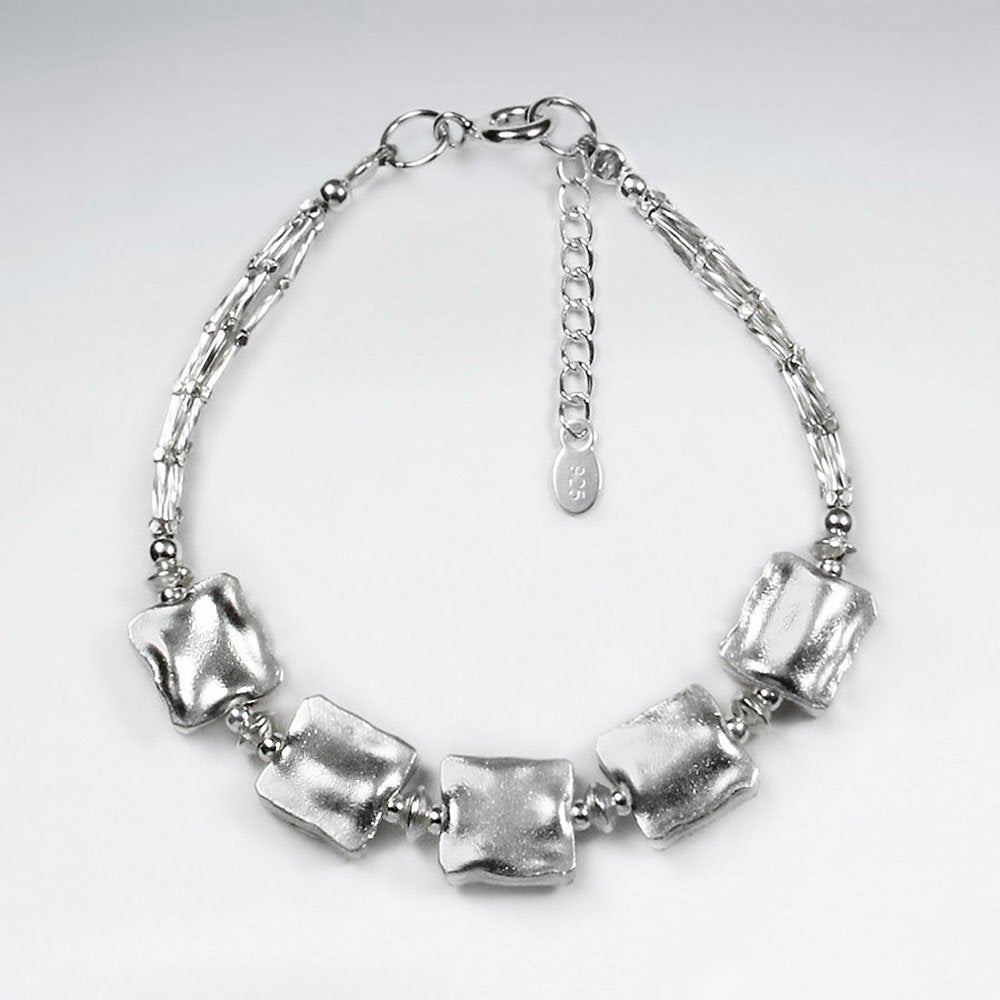 7" Silver Bracelet With Five Antique Square Silver Beads