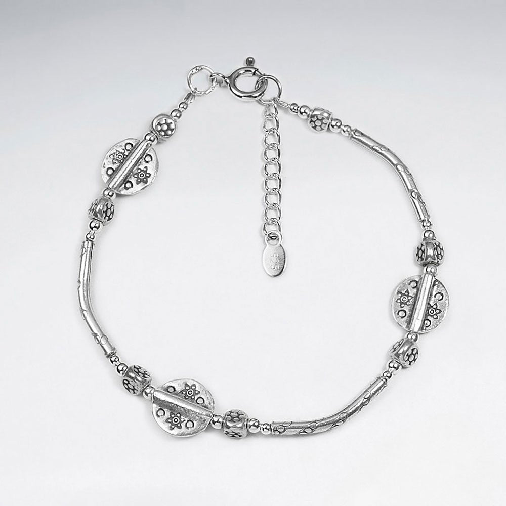 7" Silver Bracelet With Antique Disk Bead And Curve Tube