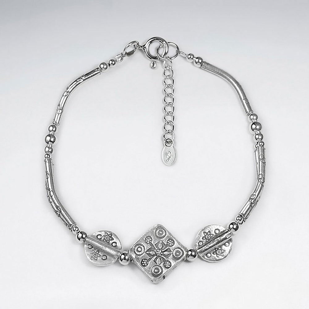 7" Silver Bracelet With Antique Disk And Square Beads