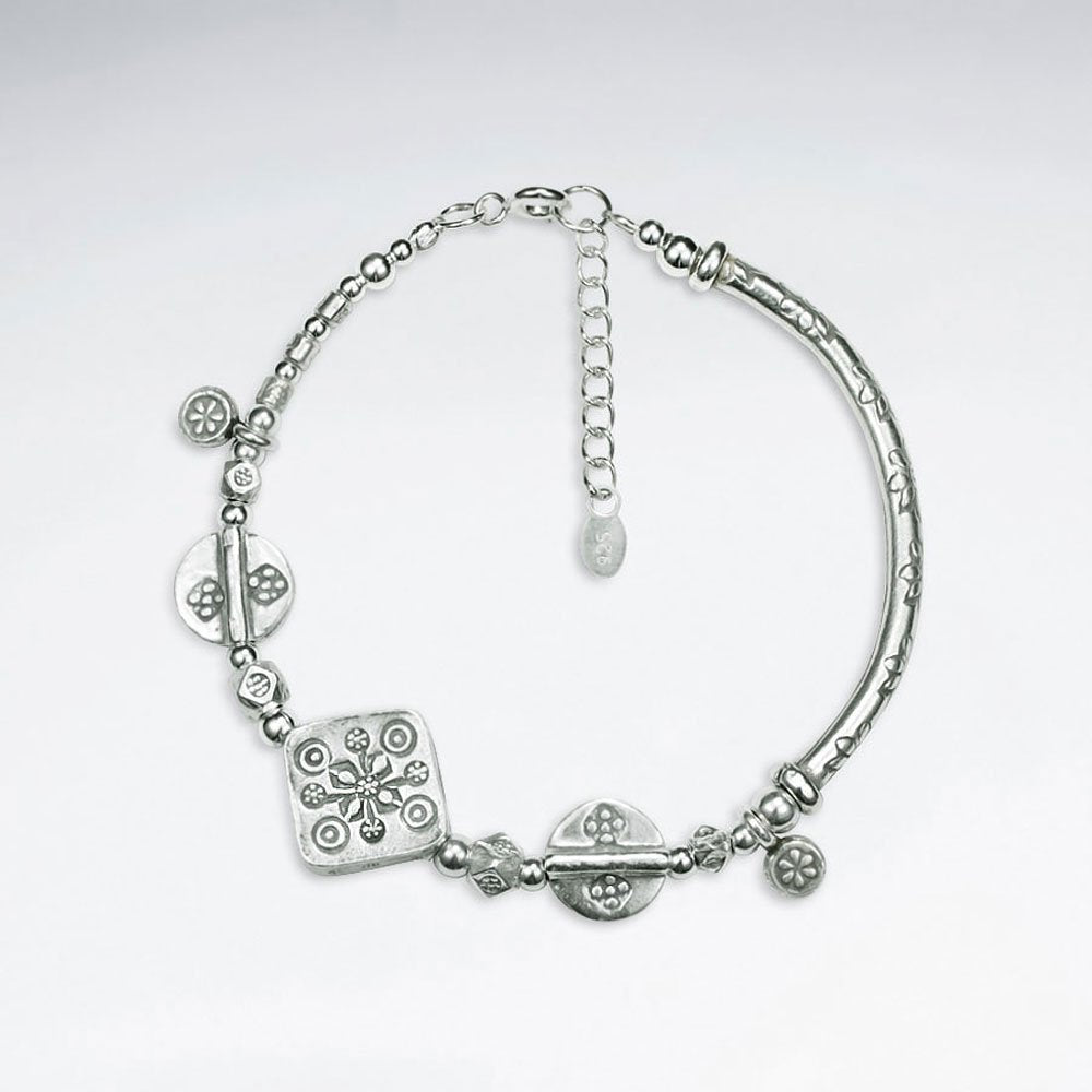 7" Thai Handmade Adjustable Clasp Silver Chain Bracelet Square Charms