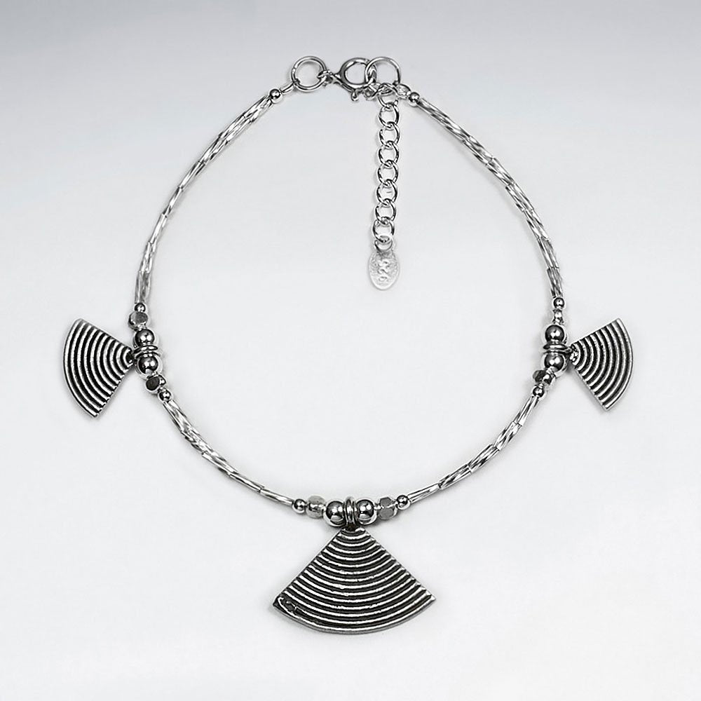 7" Thai Handmade Triple Fan Charm Silver Bracelet