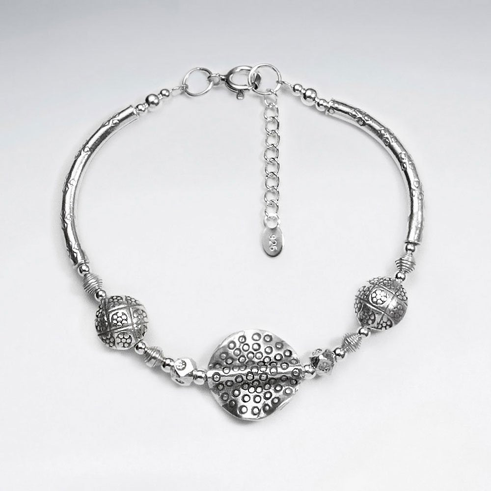 7" Thai Handmade Decorated Charm Bracelet With Polished Silver Spacers