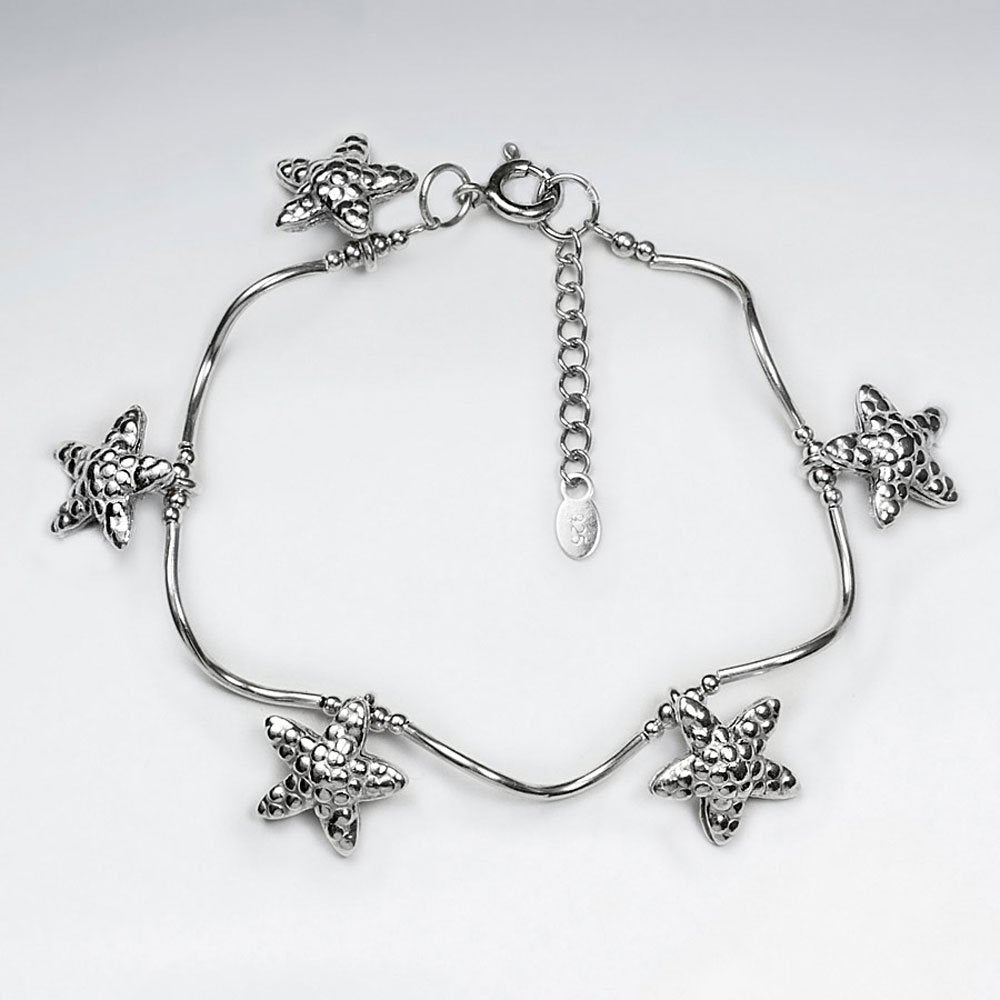 7" Thai Hand Made Silver Bracelet With Starfish Silver Charm And Wavy Silver Tube
