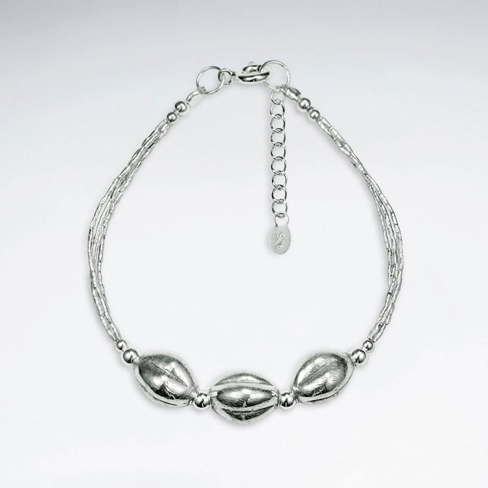 7" Thai Handmade Sterling Silver Triple Bead Charm Bracelet