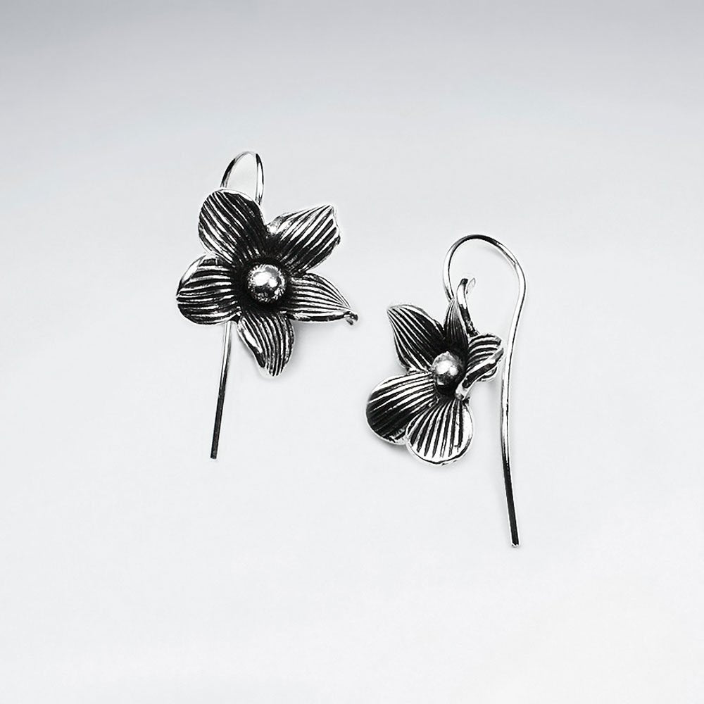 Oxidized Silver Flower Blossom Dangle Earrings