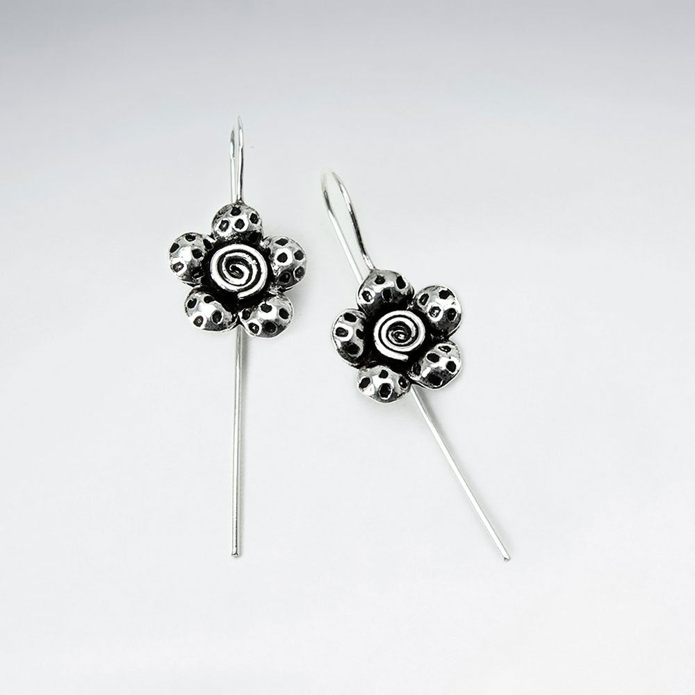 Oxidized Dapple Textured Blossom Flower Hook Earrings