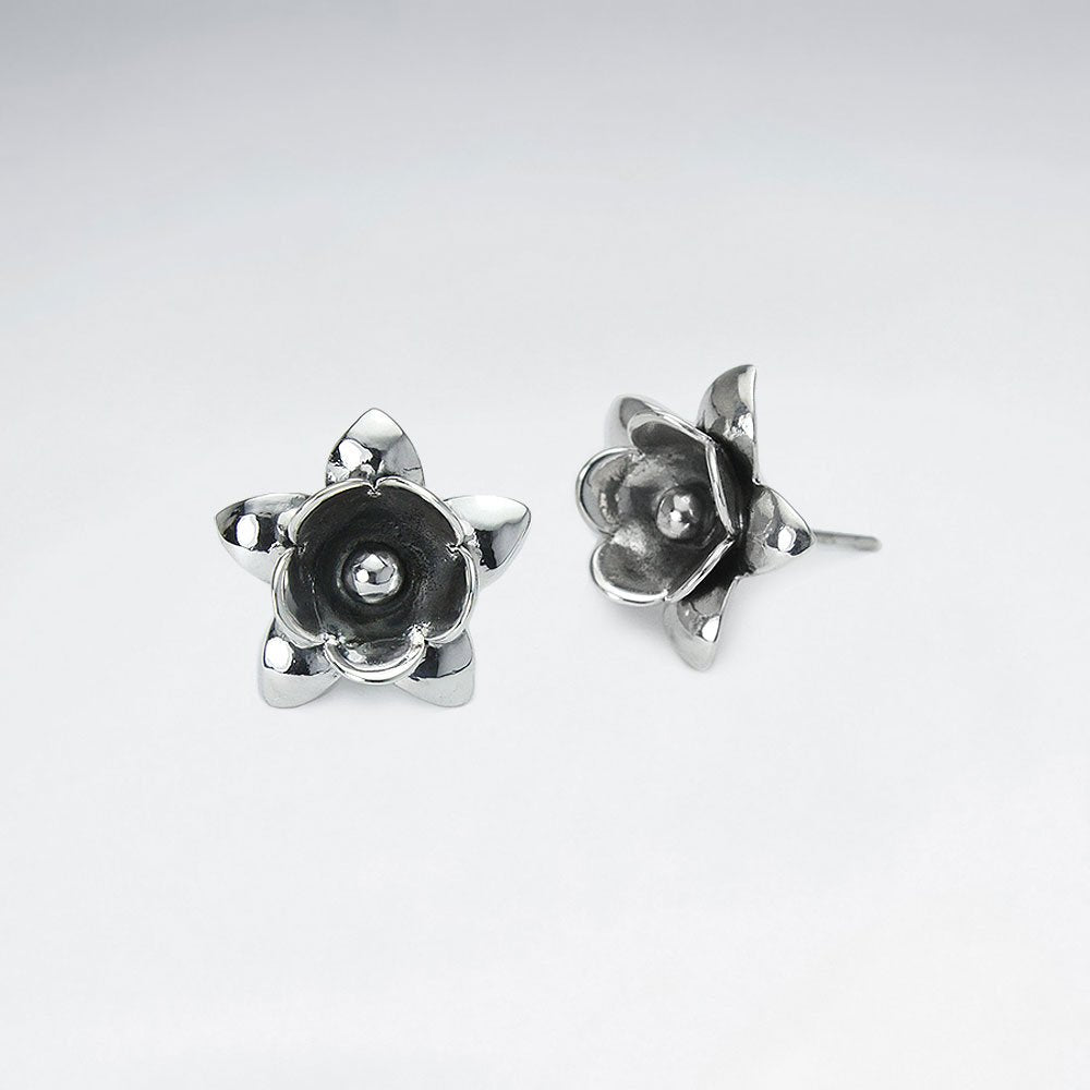 Oxidized Silver Edgy Style Flower Design Earrings