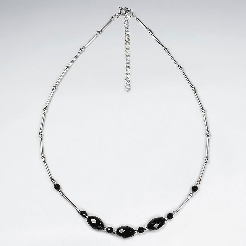 16.5" Triple Oval Faceted Black Stone  Silver Pendant