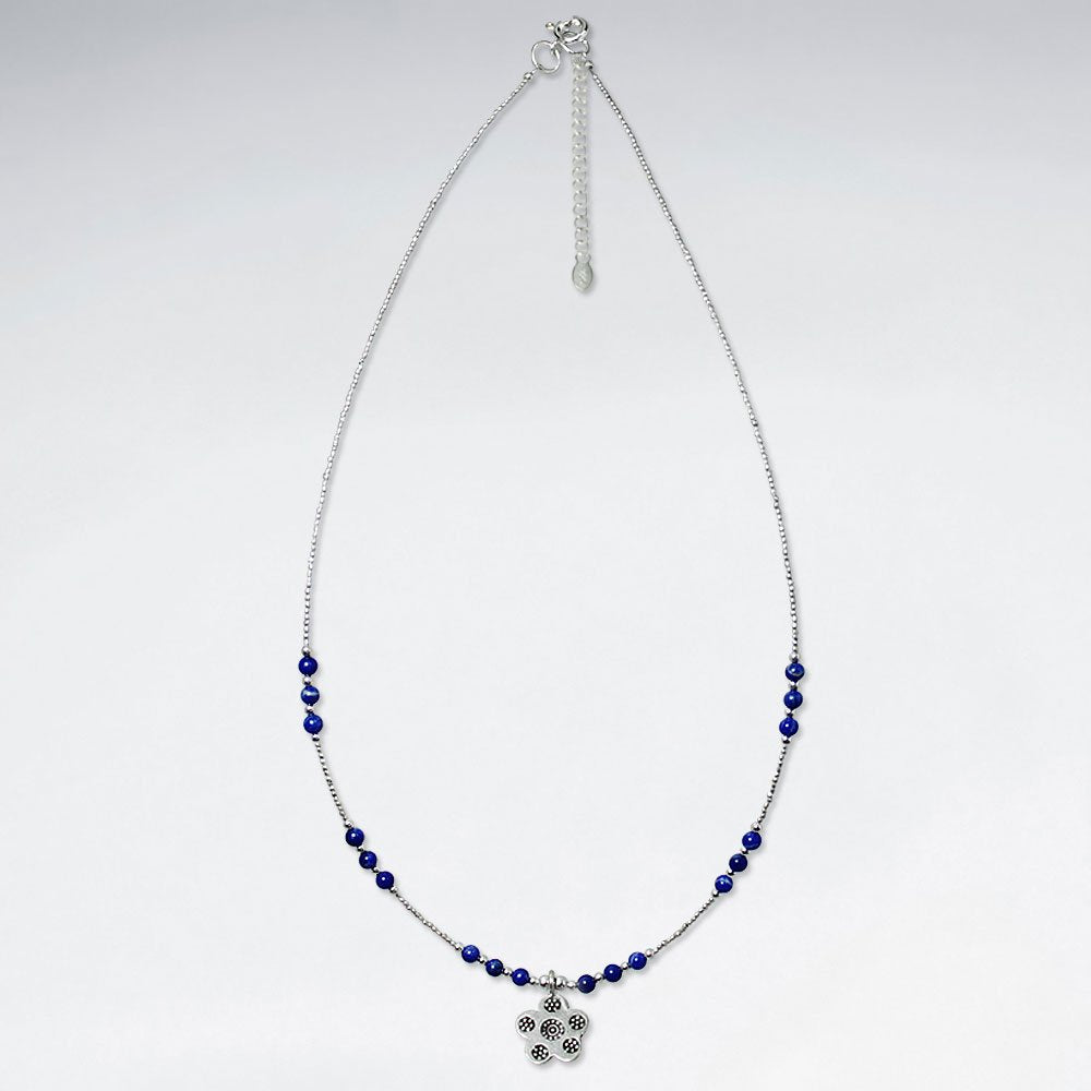 16.5" Round Lapis Lazuli Silver Necklace With Antique Sakura Silver Charm