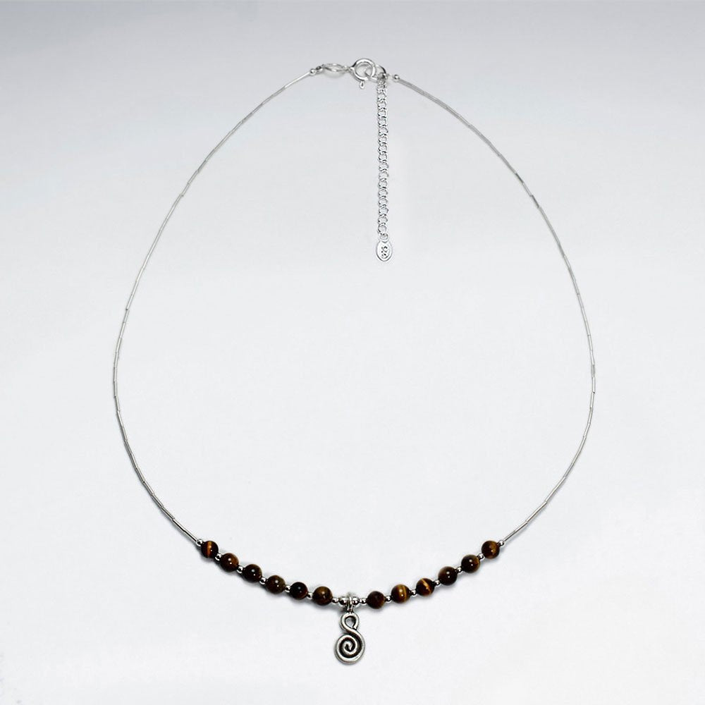 16.5" Round Tiger Eye Silver Necklace With Antique Spiral Silver Charm