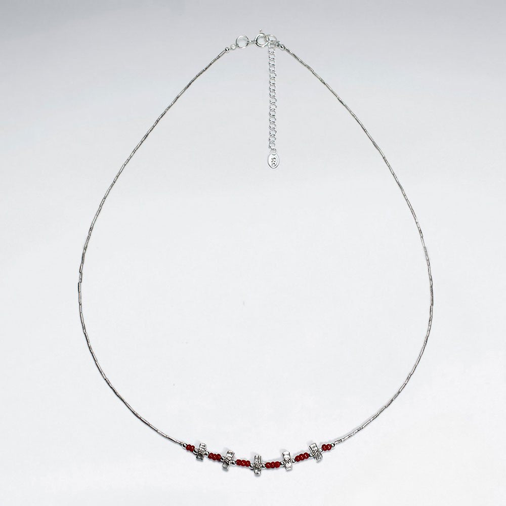 16.5" Round Red Glass Bead With Antique Silver Tube Necklace