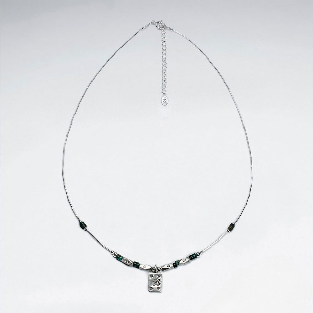 16.5" Turquoise Silver Necklace With Antique Rectangle Silver Charm