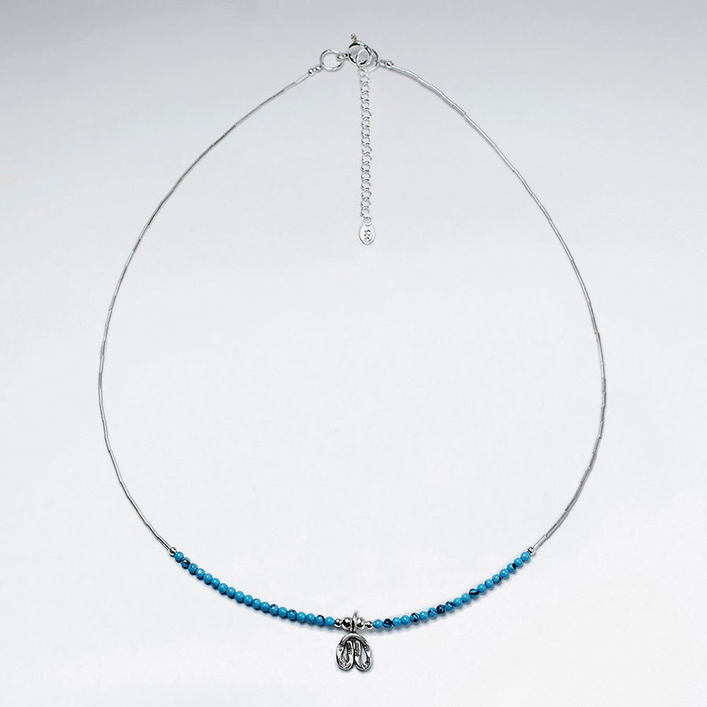 16.5'' Adjustable Sterling Silver Charm Necklace With Turquoise Beads