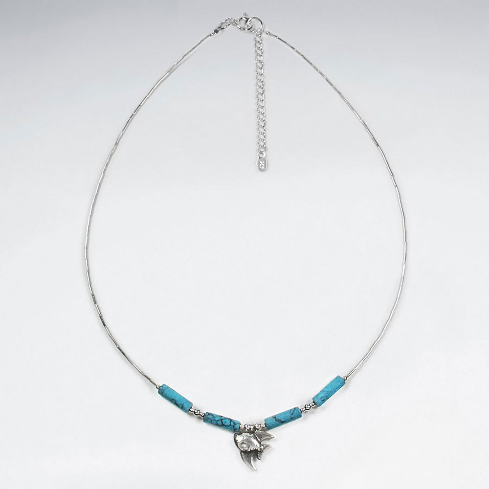 16.5" Adjustable Sterling Silver Fish Charm Necklace With Turquoise Tube Beads