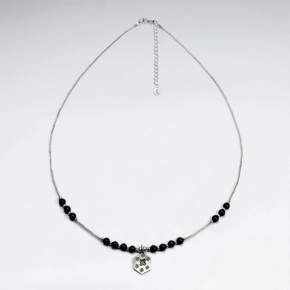 16.5" Adjustable Stylish Black Stone Studded Sterling Silver Necklace With Drop Charm
