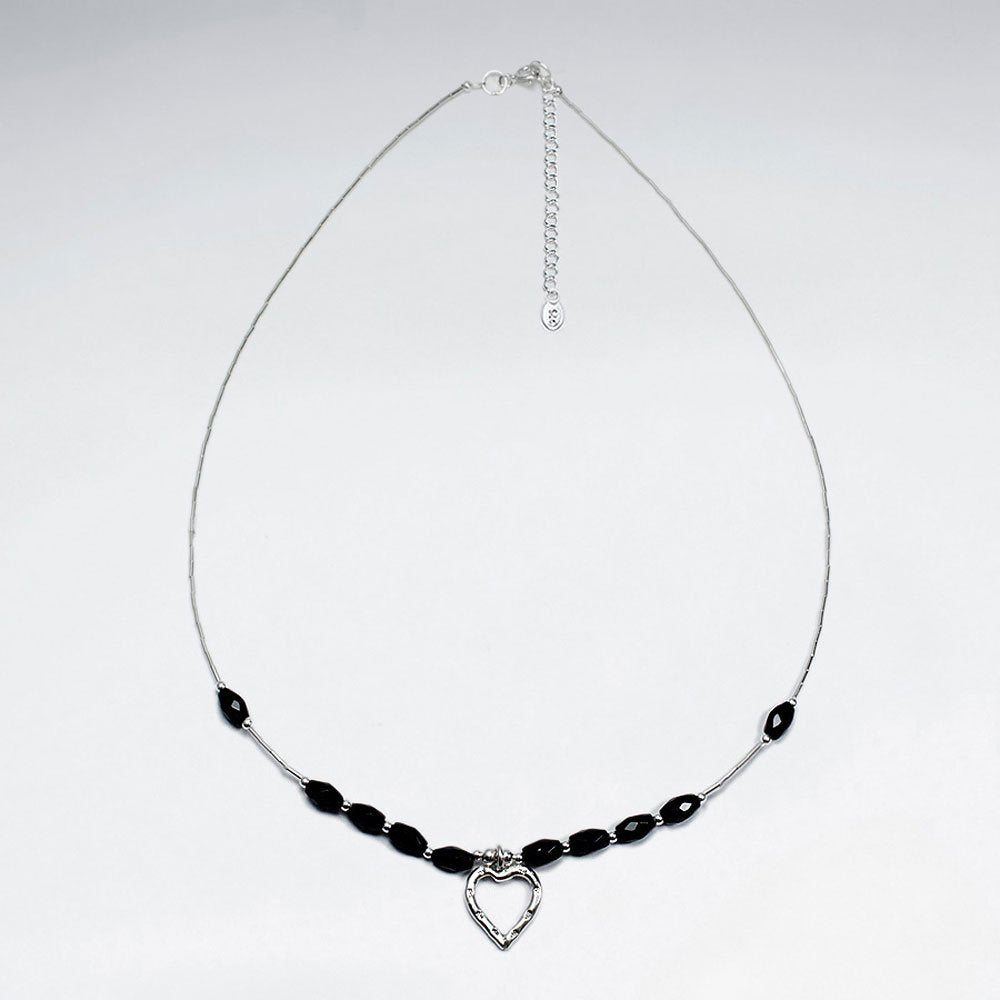 16.5" Adjustable Black Stone Studded Sterling Silver Necklace With Open Heart Pendant
