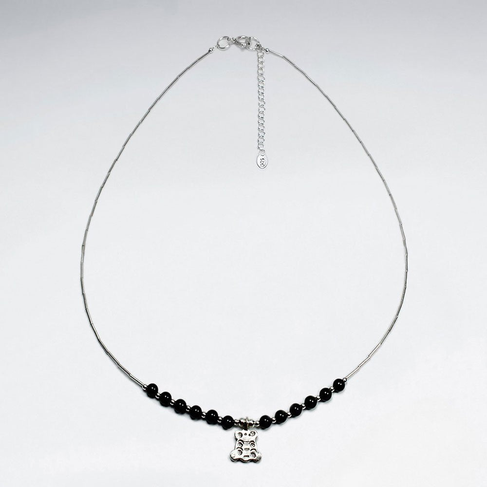 16.5" Adjustable Chunky Black Stone Studded Sterling Silver Necklace With Organic Charm