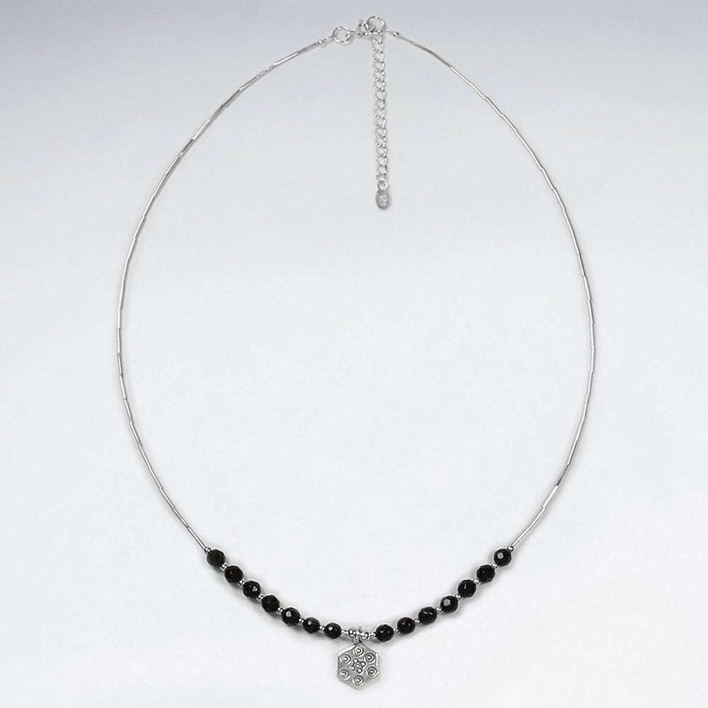 16.5" Adjustable Enchanting Black Stone Bead Sterling Silver Charm Necklace