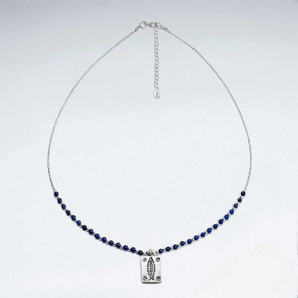 16.5" Adjustable Stunning Sterling Silver Necklace With Lapis Lazuli Bead and Etched Charm