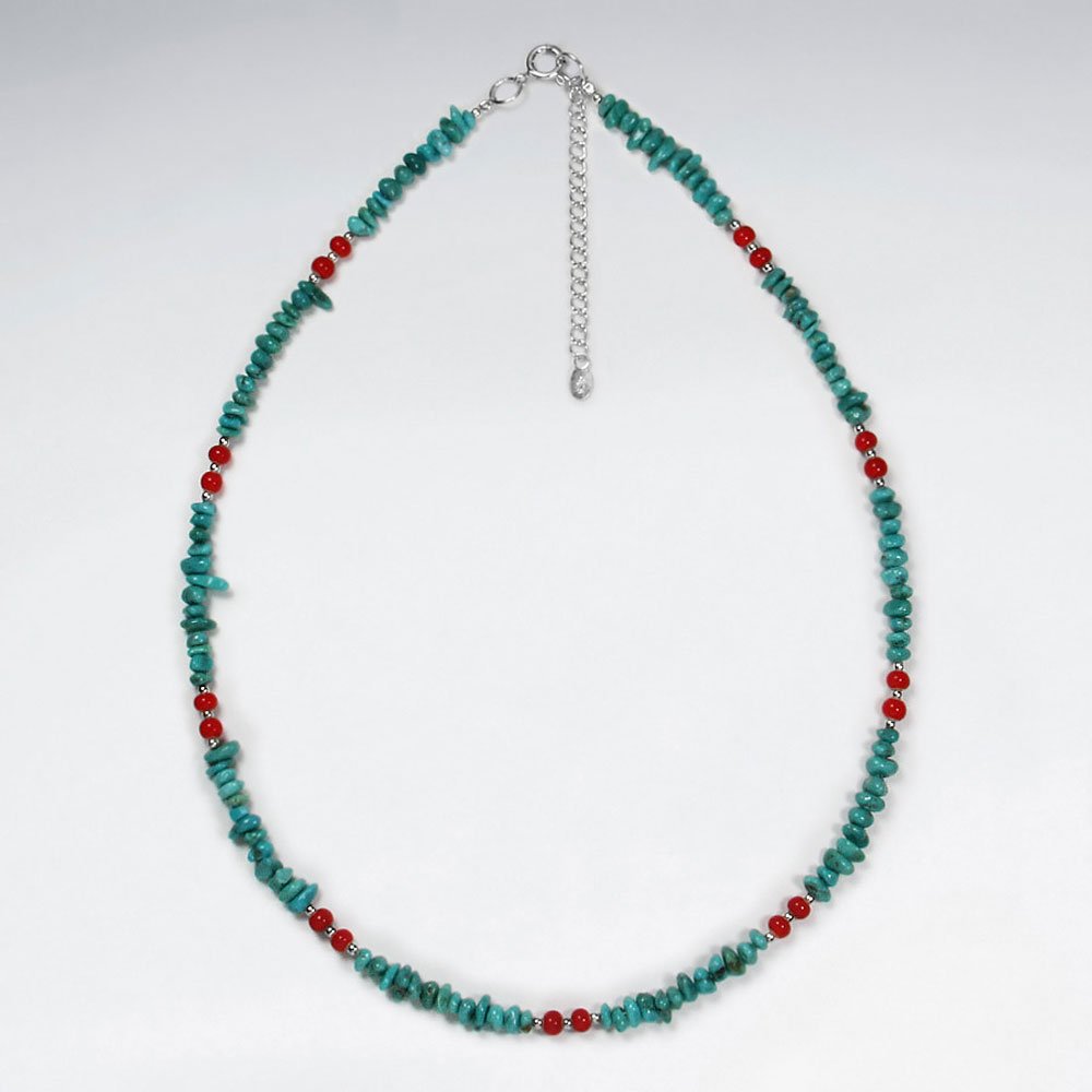 16.5" Adjustable Beautiful Sterling Silver Necklace With Turquoise Bead Embellishments