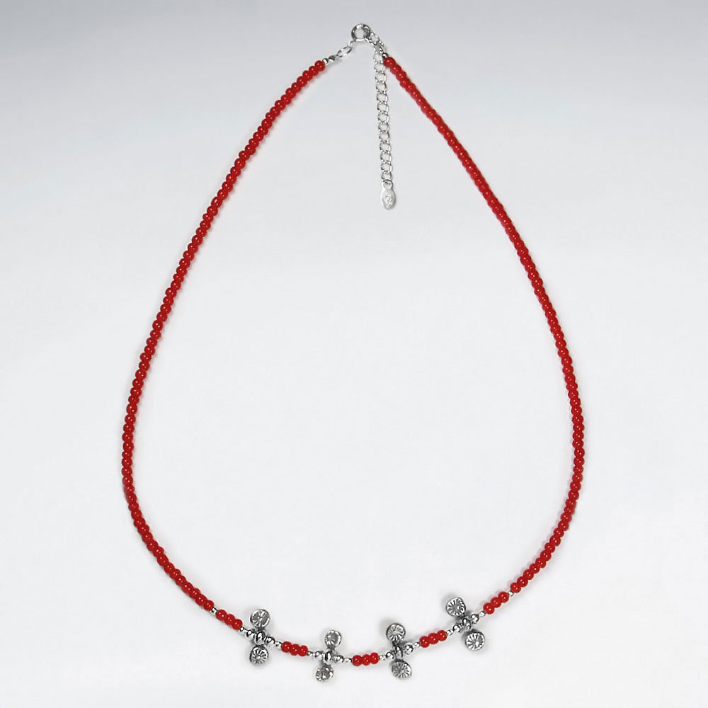 16.5" Adjustable Sterling Silver Necklace With Red Glass Beads and Silver Charms