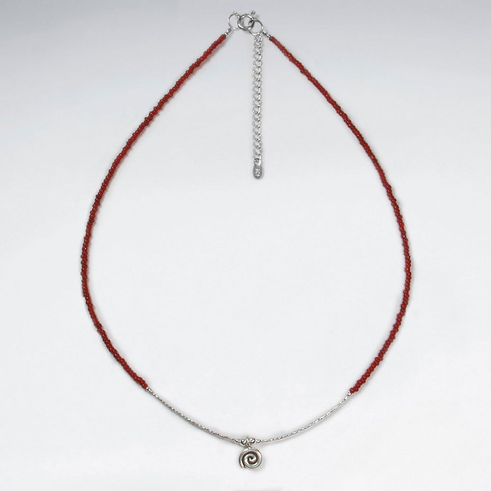 16.5" Adjustable Elegant Sterlig Silver Necklace With Bold Red Glass Beads and Rose Flower Charm