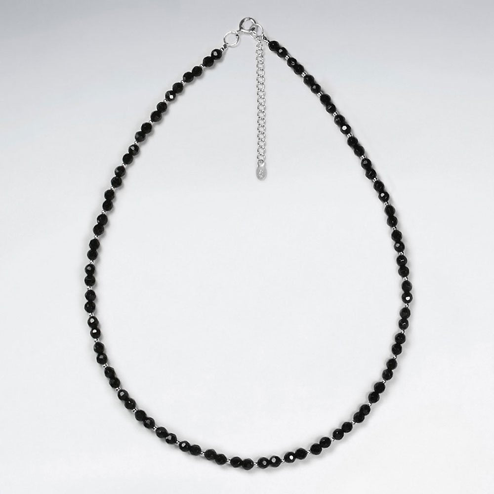 16.5" Adjustable Sterling Silver Necklace With  Black Stone Charms
