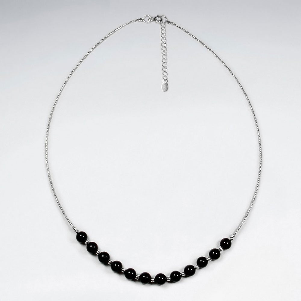 16.5" Adjustable Sterling Silver Necklace With Chunky Black Stone Beads