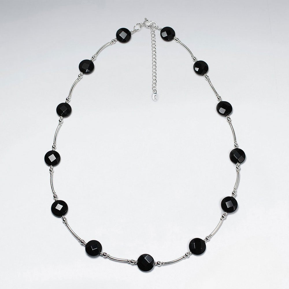 16.5" Adjustable Sterling Silver Necklace With Spaced Faceted Black Stone Charms