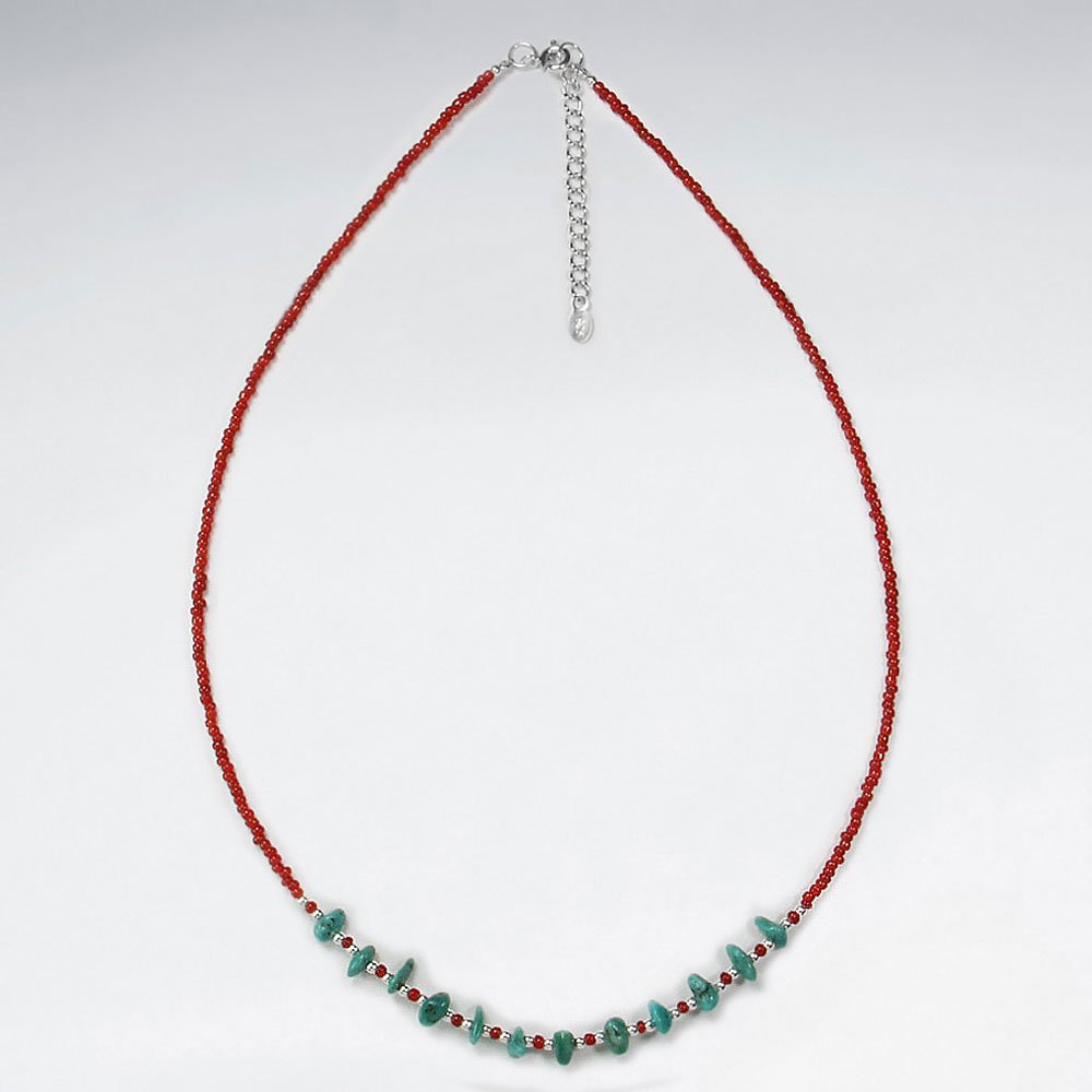 16.5" Adjustable Sterling Silver Turquoise and Red Glass Bead Necklace