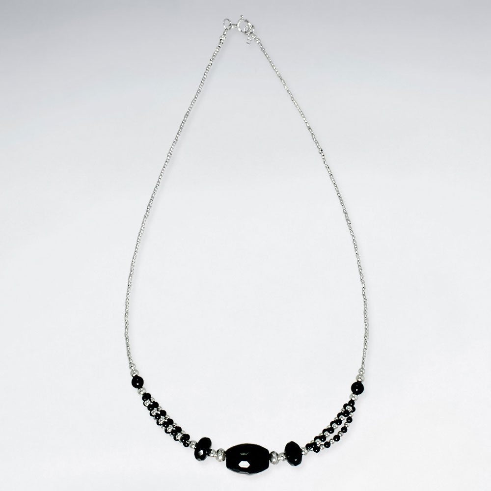 16.5" Adjustable Radiant Sterling Silver Necklace With Faceted Black Stone Charms