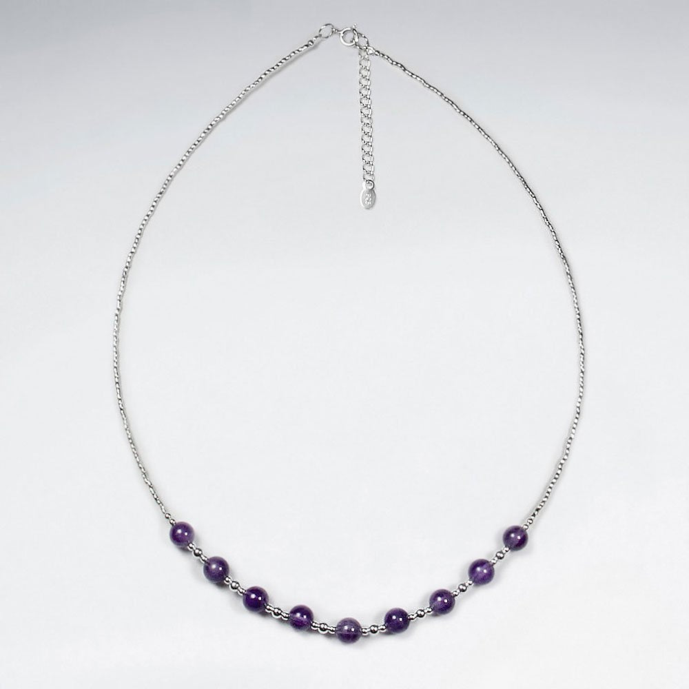 16.5" Adjustable Amethyst Round Beaded Necklace in Stunning Sterling Silver