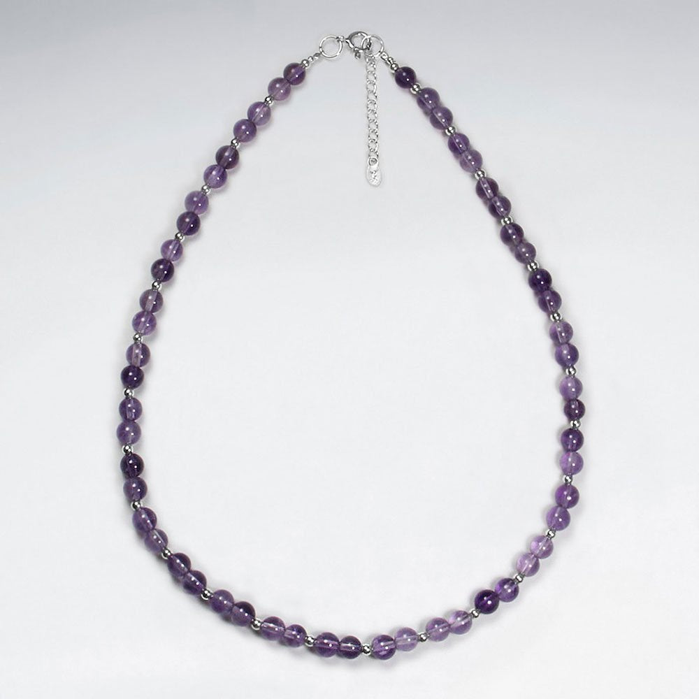16.5" Adjustable Amethyst Beaded Purple Necklace in 925 Sterling Silver