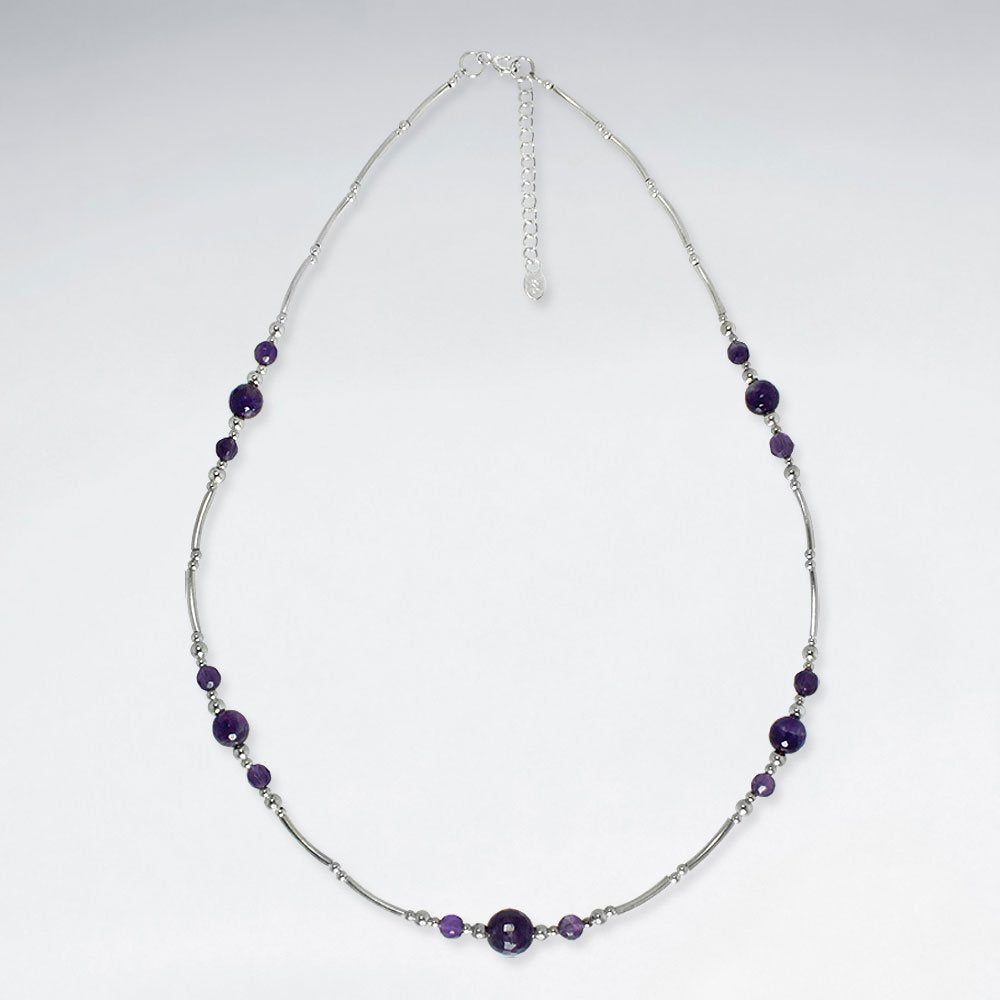 16.5" Adjustable Purple Amethyst Spaced Charm Necklace in sterling Silver