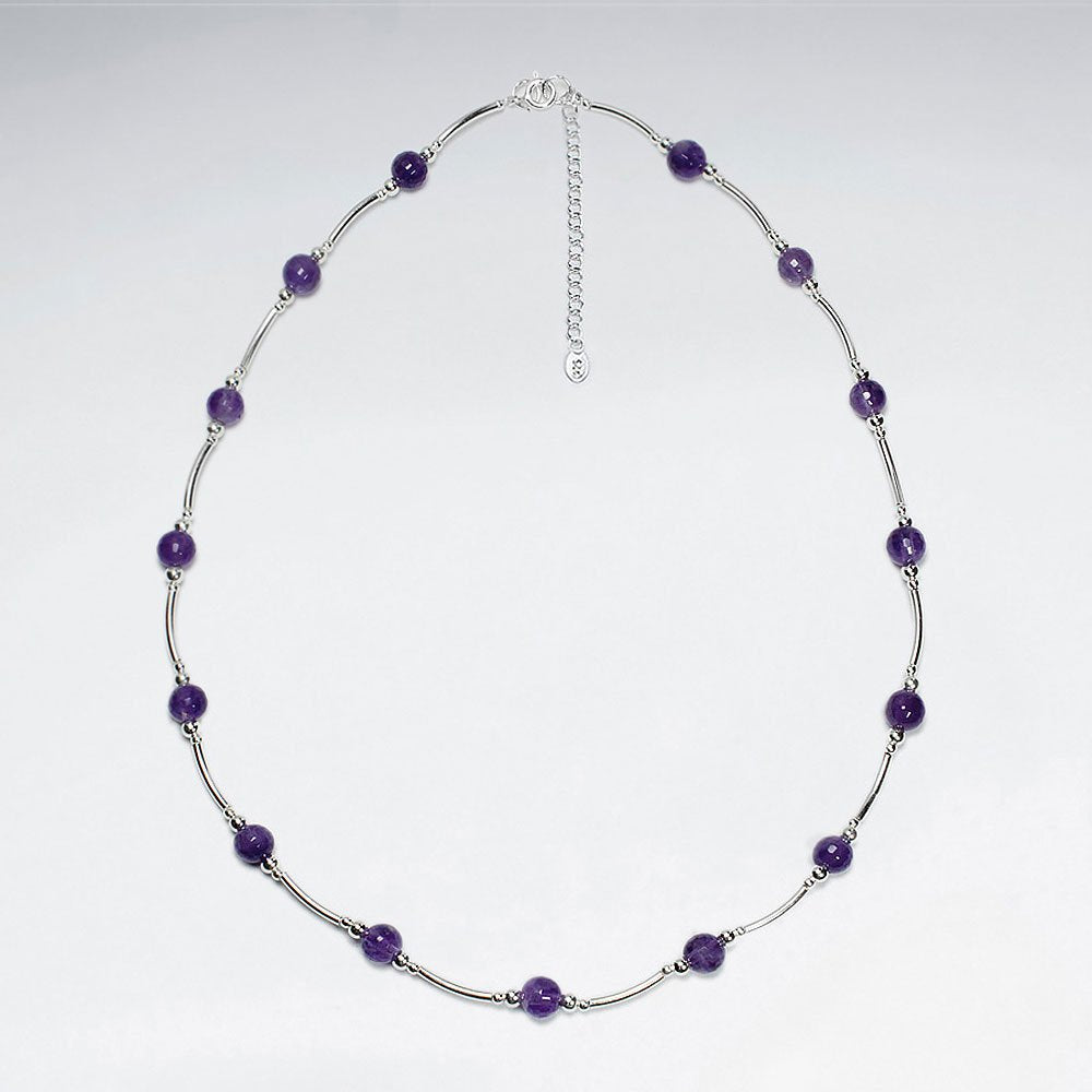 16.5" Adjustable Bead Amethyst Spaced Pattern Necklace in 925 Sterling Silver