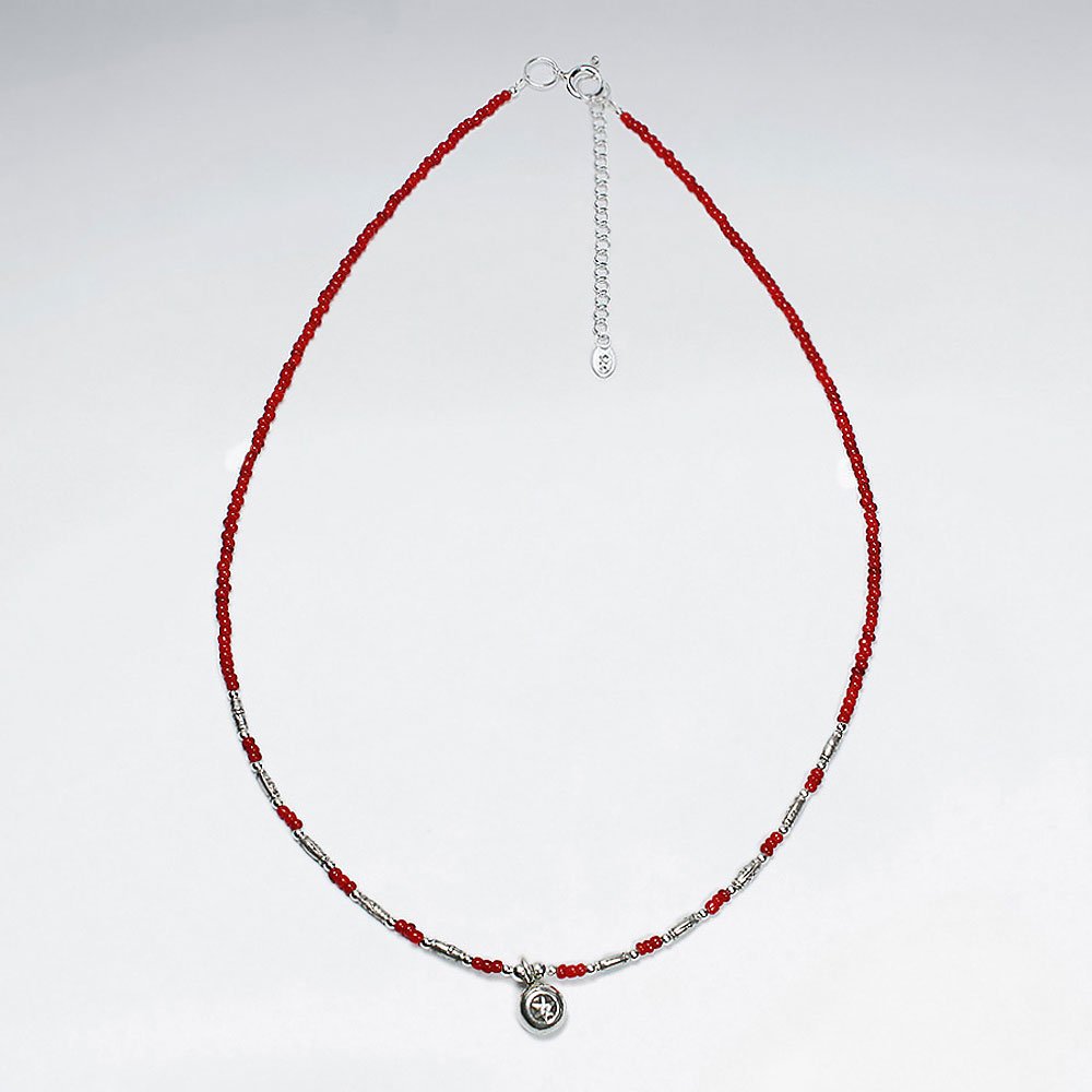 16.5" Adjustable Gorgeous Red Glass Bead and Sterling Silver Charm Necklace