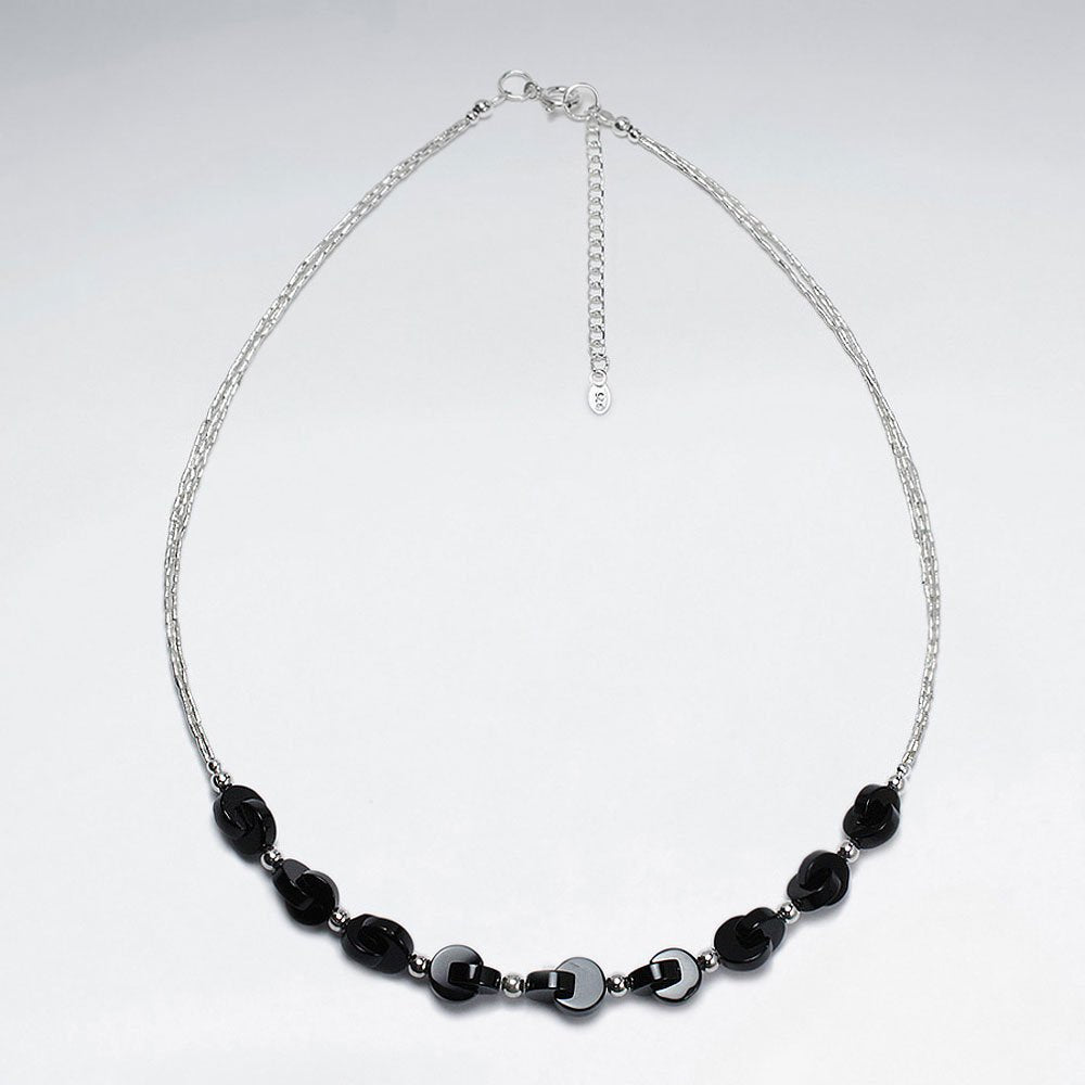 16.5" Adjustable Chunky Black Stone Charm Necklace in Sterling Silver