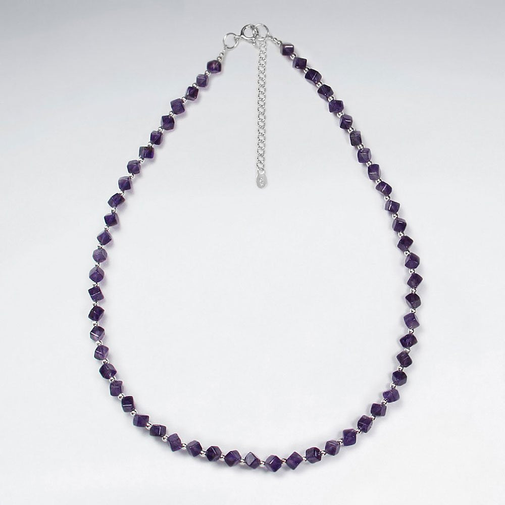 16.5" Adjustable Full Amethyst Bead Necklace in Sterling Silver