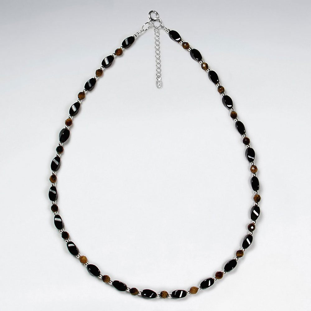16.5" Adjustable Majestic Black Stone Bead Necklace in Sterling Silver
